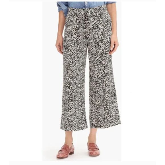 J. Crew Wide Leg Cropped Pant with Tie in Silk Leopard Print Women's 0 - Picture 1 of 11